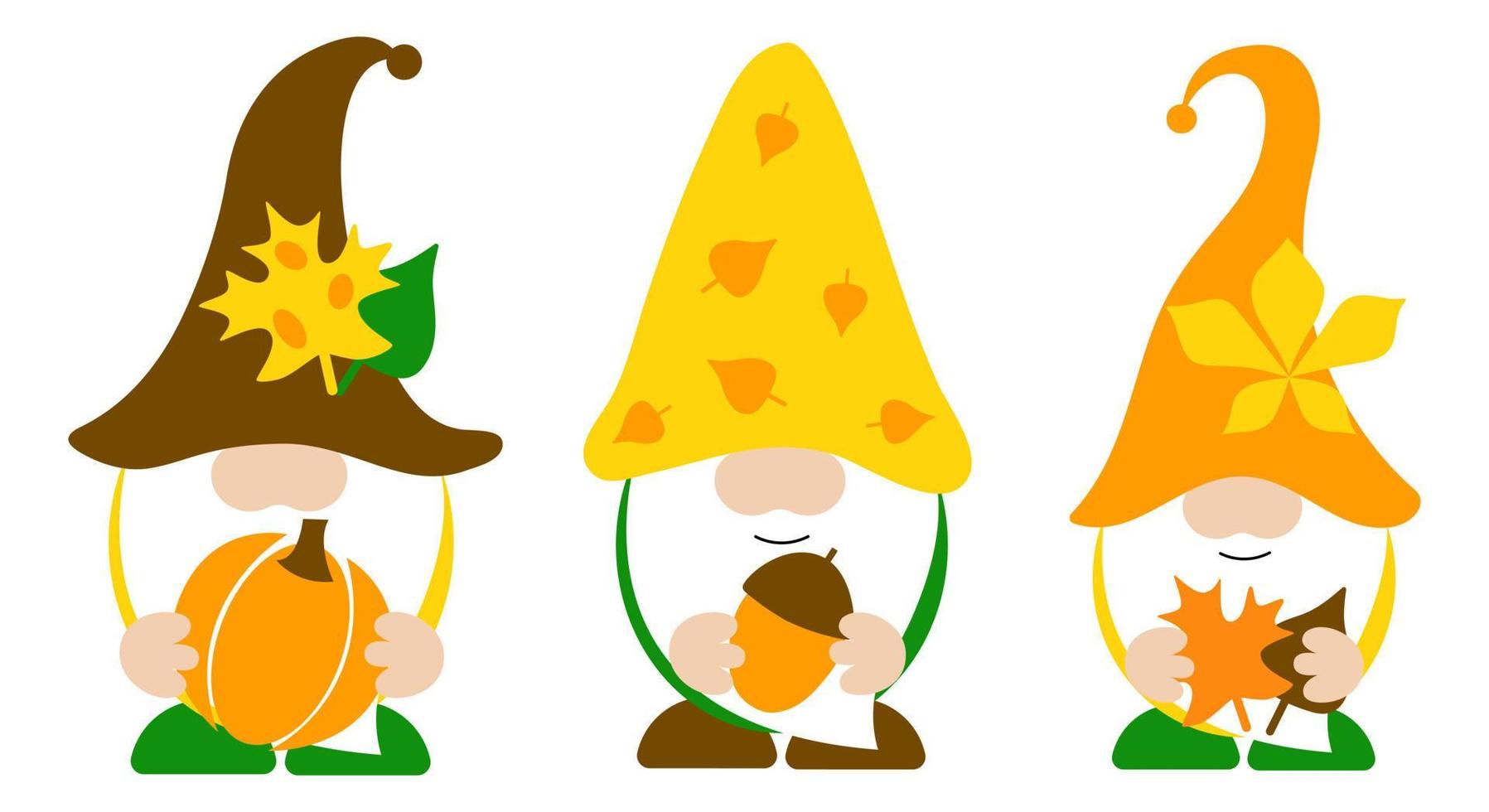 Three cute autumn gnomes with pumpkin, nut, leaves. Fall decorative typography poster. Funny design. Vector illustration on white background