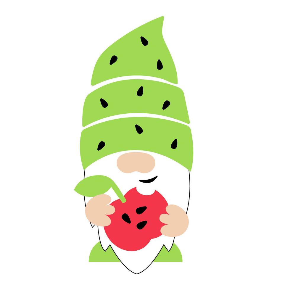 gnomo de verano. un lindo gnomo con una gorra verde sostiene una manzana roja en sus manos. estilo de dibujos animados ilustración vectorial bebé, diseño para niños. vector