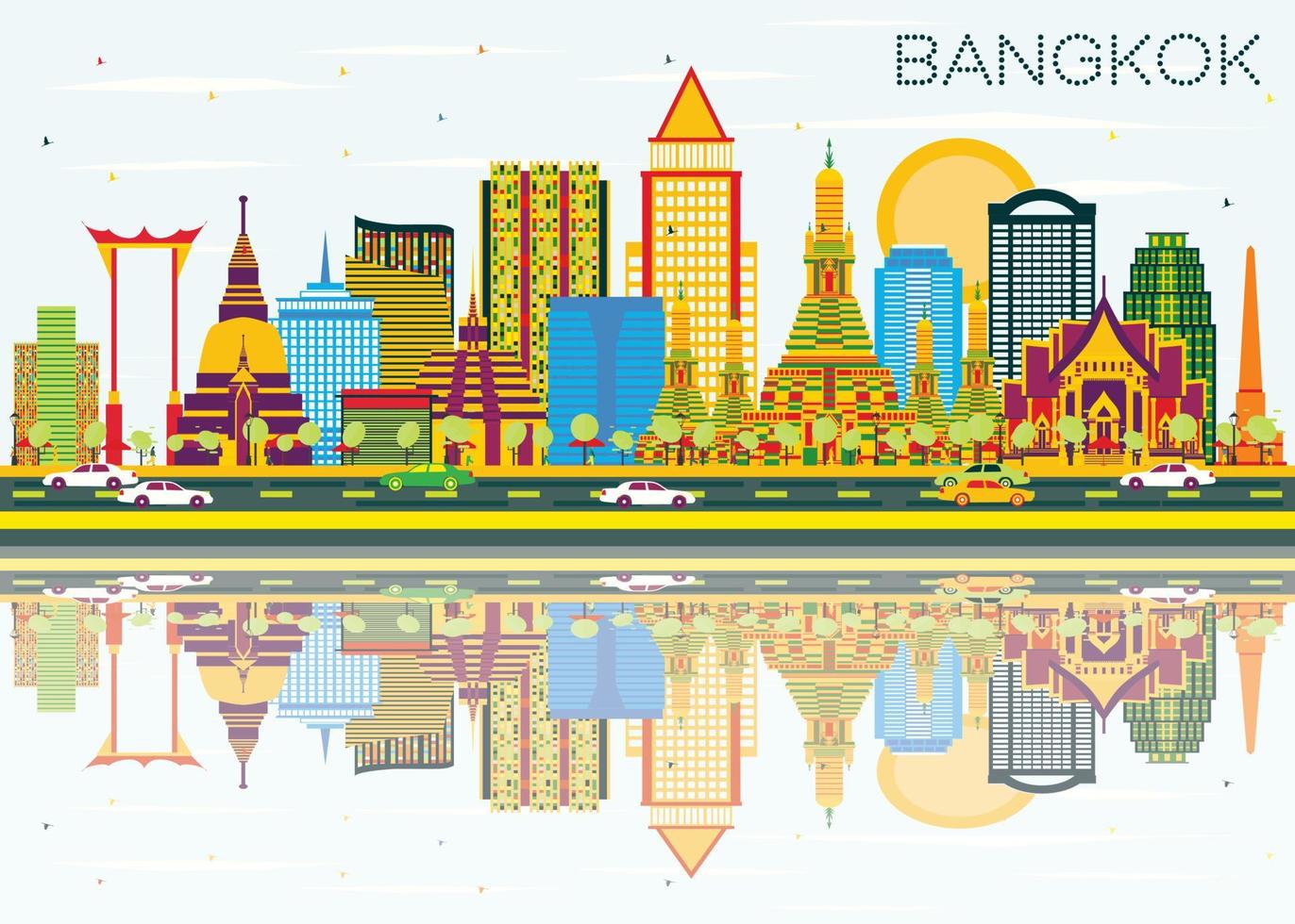 horizonte de bangkok con puntos de referencia de color, cielo azul y reflejos. vector