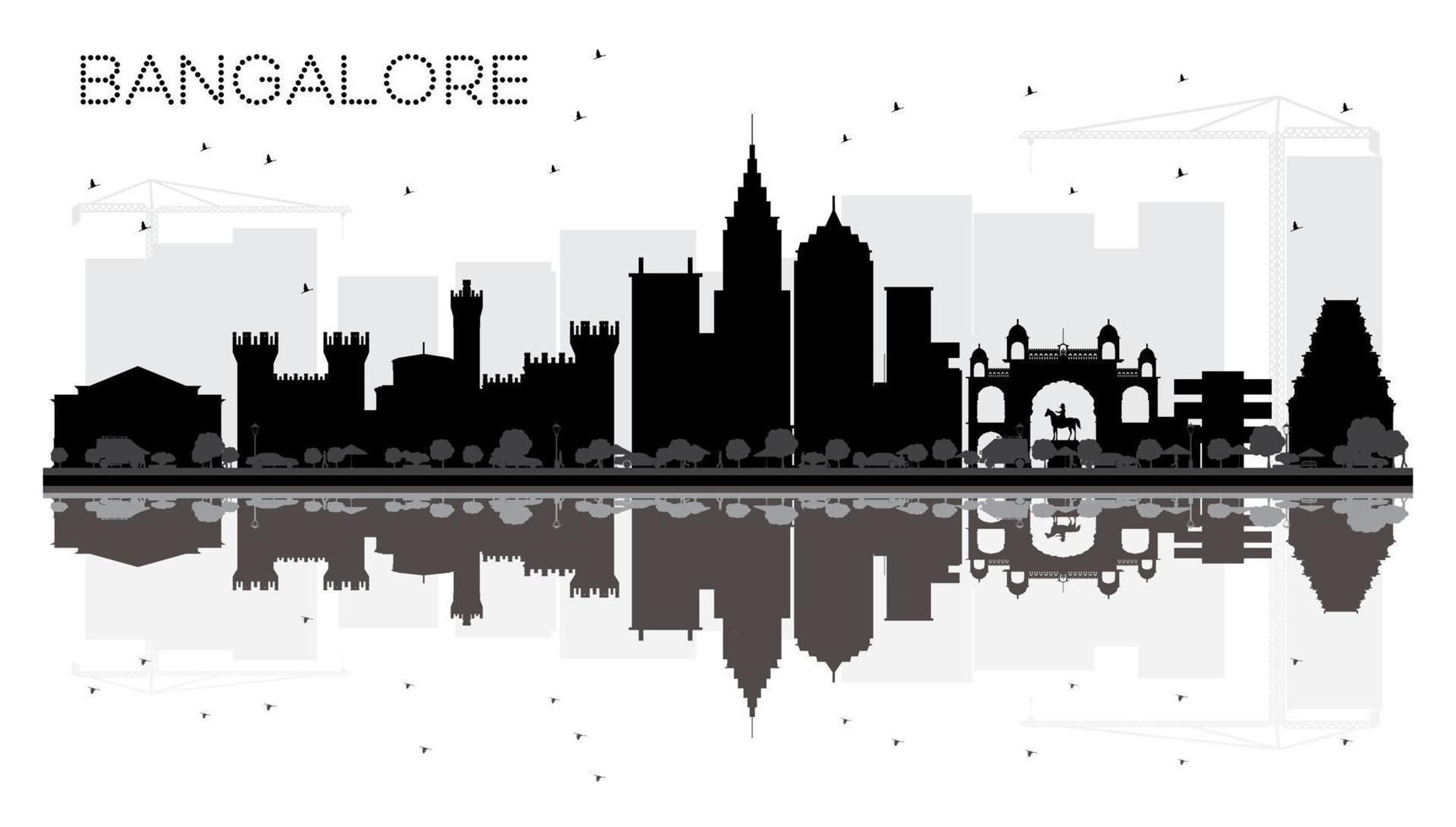 Bangalore City skyline black and white silhouette with reflections. vector