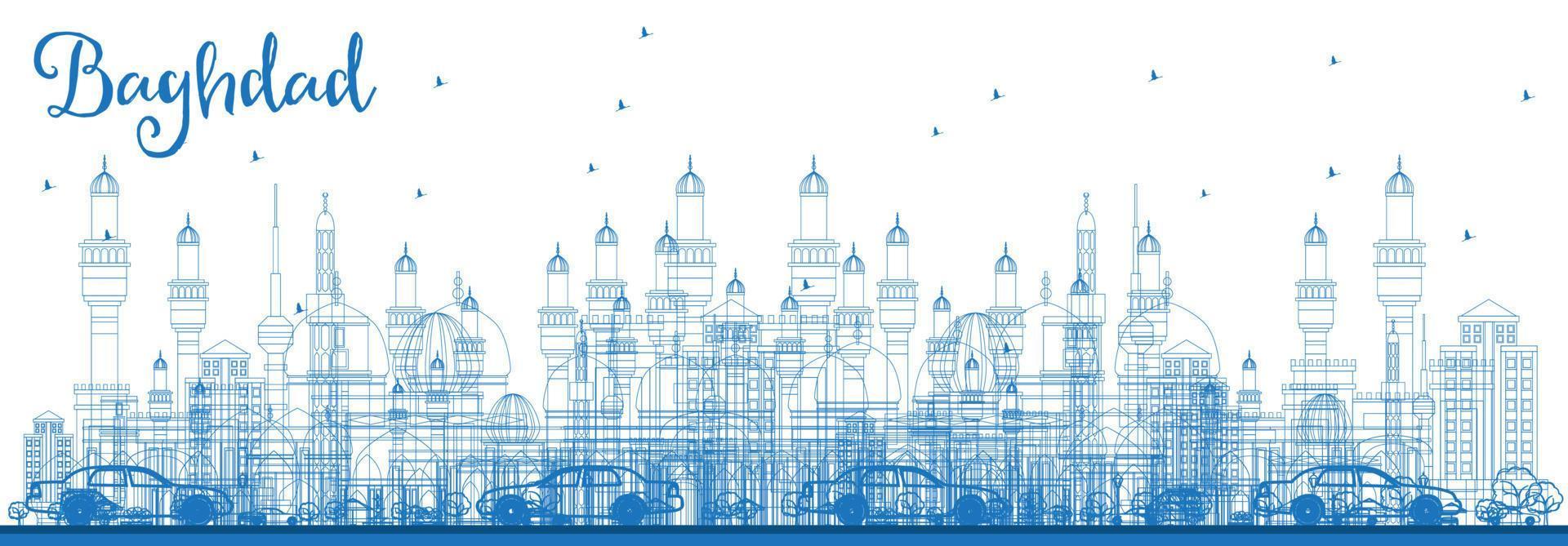 Outline Baghdad Skyline with Blue Buildings. vector