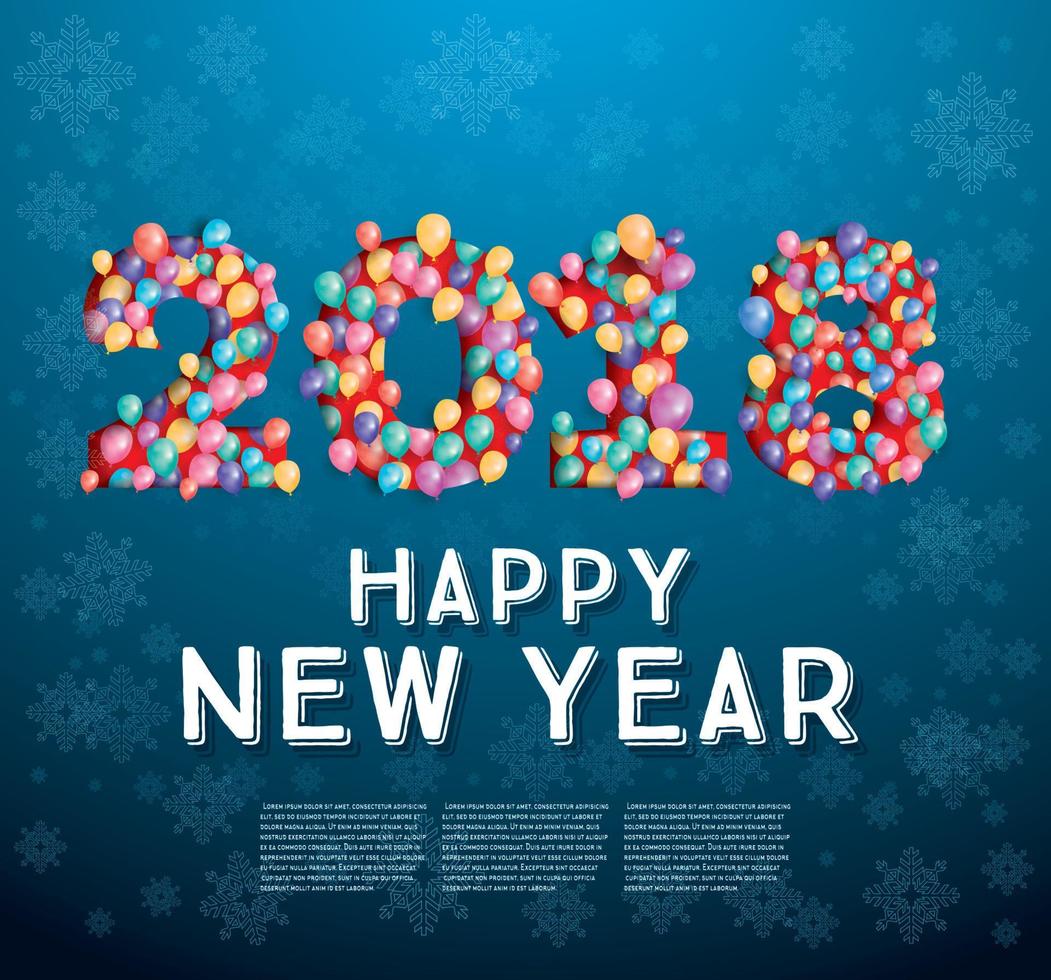 2018 Happy New Year Greeting Card with Flying Balloons and Snowflakes. vector