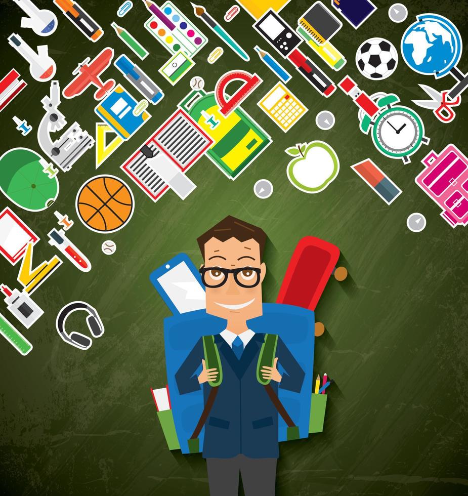 Smiling Young School Boy in Uniform with Blue Backpack and Supplies. vector