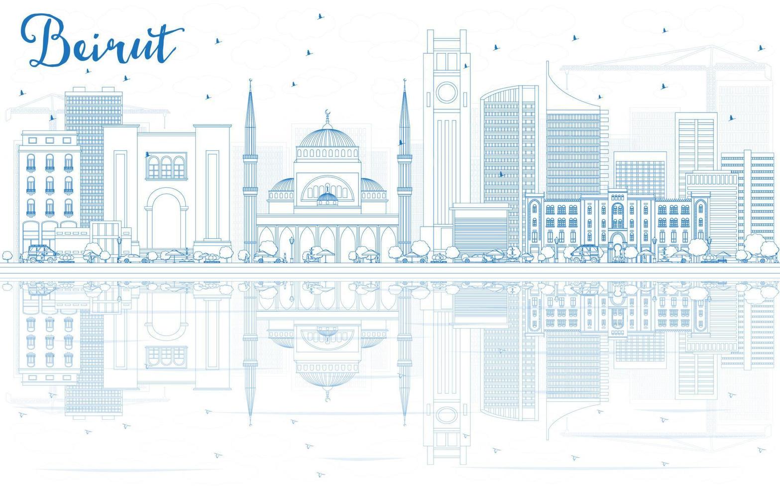 Outline Beirut Skyline with Blue Buildings and Reflections. vector