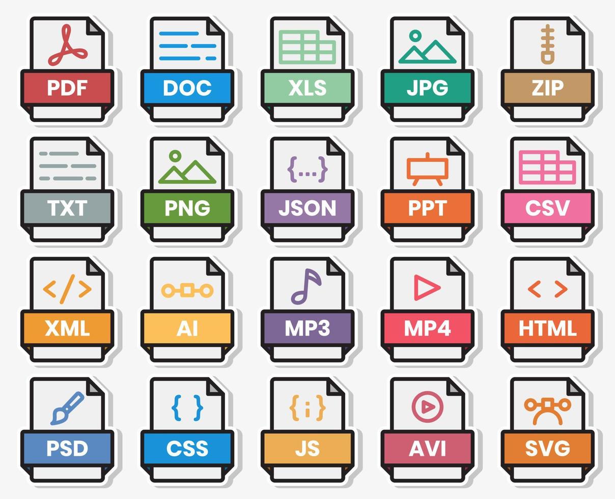 documento formato de archivo carpeta pdf doc xls jpg zip txt png json ppt csv xml ai mp3 mp4 html psd css js avi svg vector