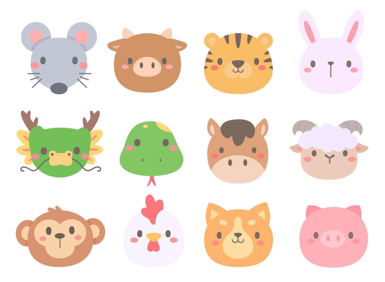 cute animal faces according to the year of the zodiac vector