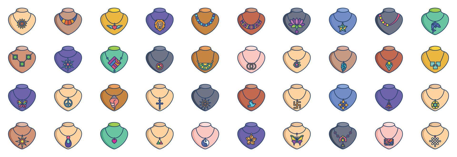 Collection of icons related to Necklace and jewelry, including icons like Sun, Fish, Bird, Dolphin and more. vector illustrations, Pixel Perfect set