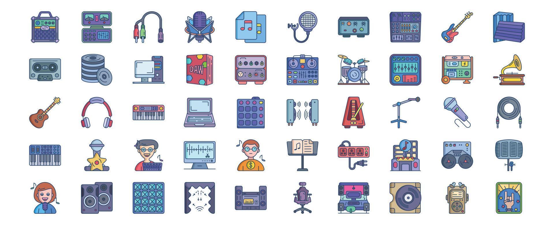 Collection of icons related to Music Studio, including icons like Amplifier Box, Amplifier, Audio Files, Bass  and more. vector illustrations, Pixel Perfect set