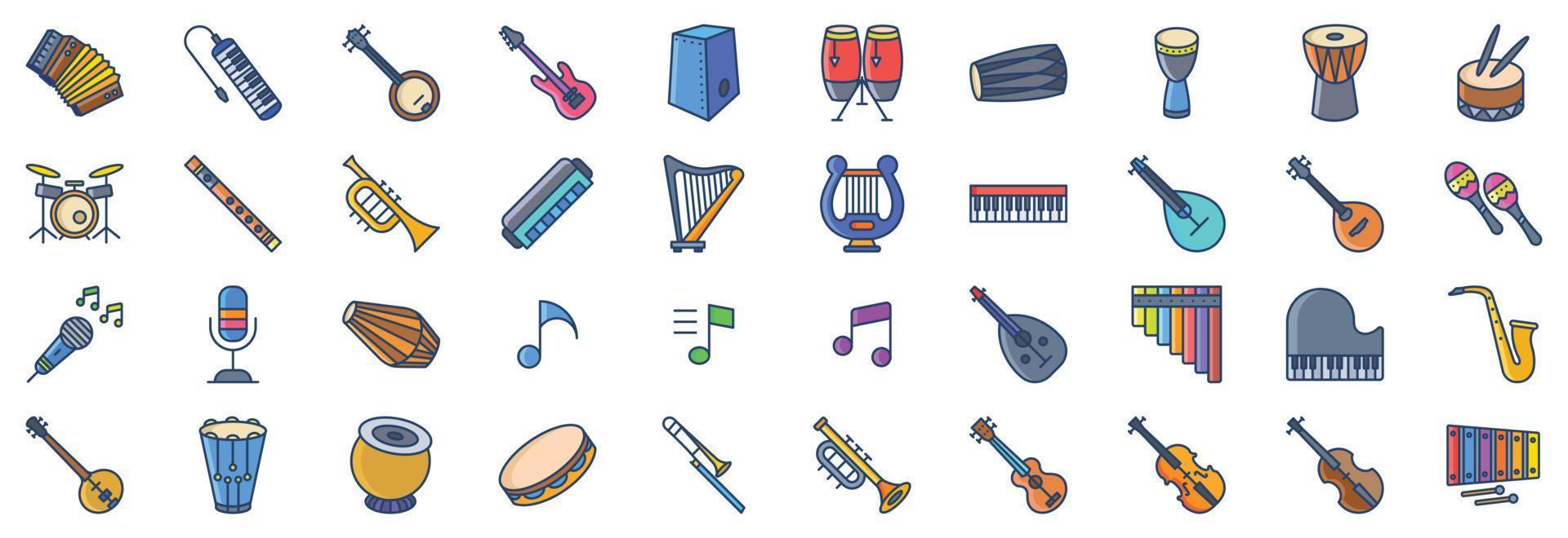 Collection of icons related to Music Instruments, including icons like Accordion, Banjo, Bass Guitar, Conga and more. vector illustrations, Pixel Perfect set