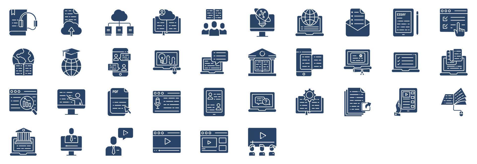 Collection of icons related to Online Education, including icons like Audio Book, Cloud Library, Examination, Graduation and more. vector illustrations, Pixel Perfect set