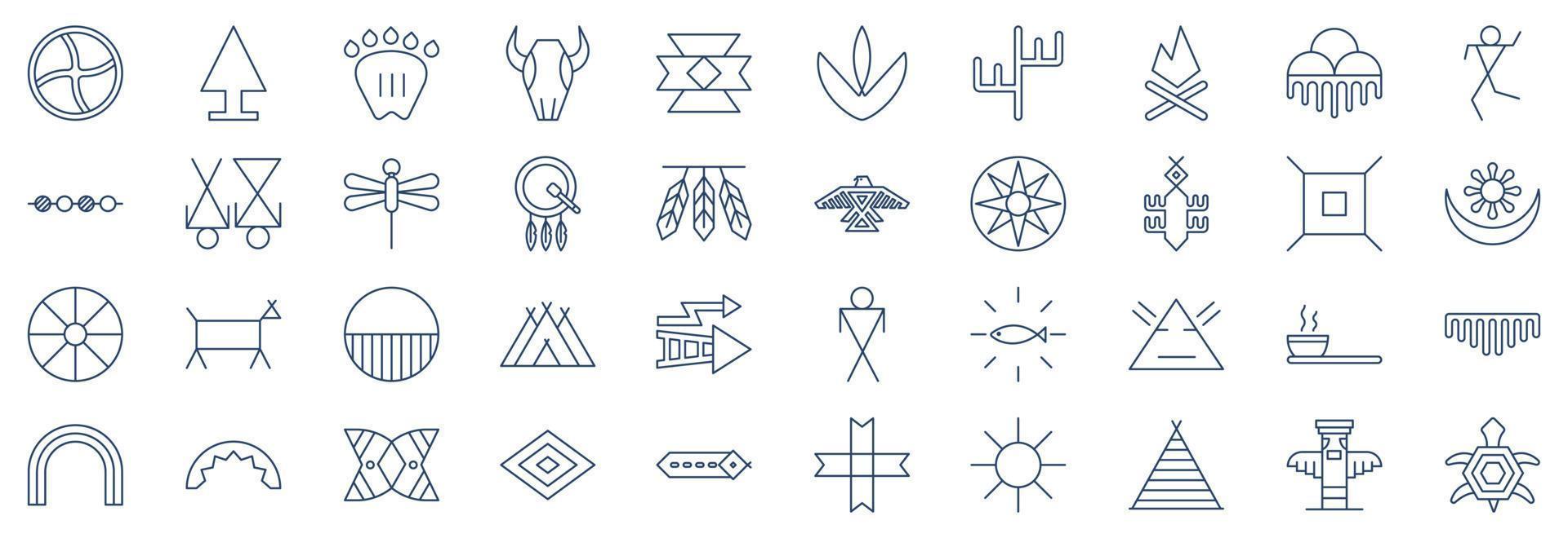 Collection of icons related to Native American Symbols, including icons like Arrow head, Buffalo Skull, Cactus and more. vector illustrations, Pixel Perfect set