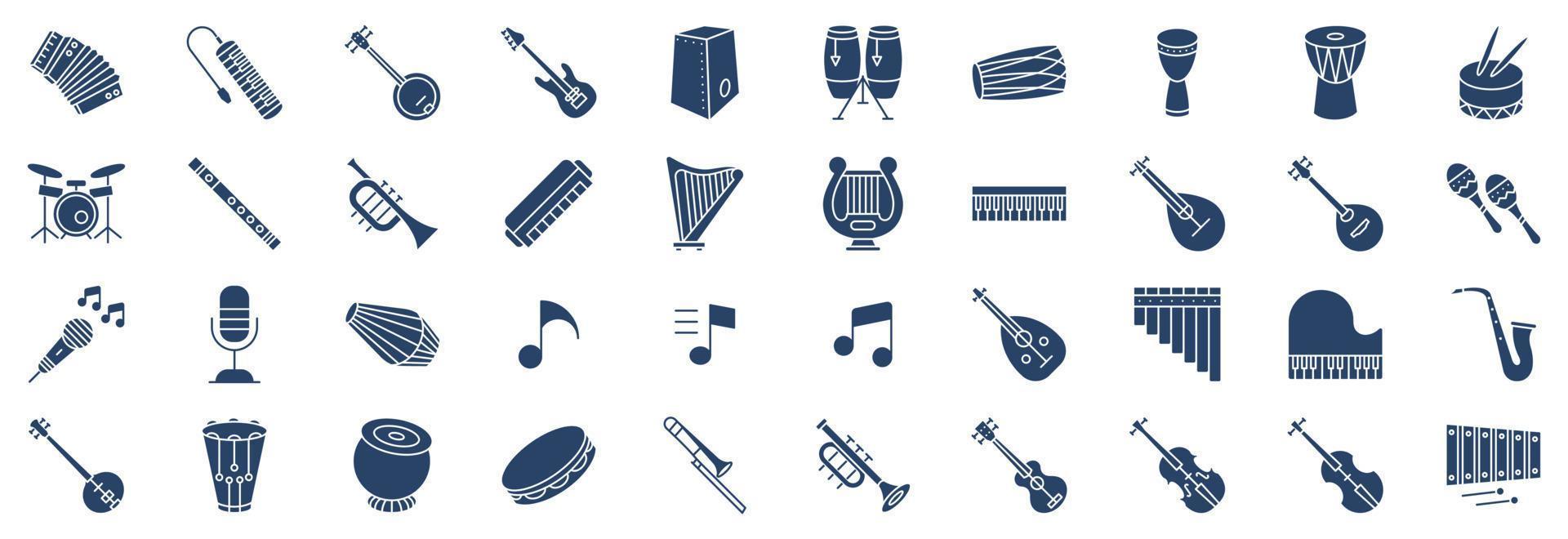 Collection of icons related to Music Instruments, including icons like Accordion, Banjo, Bass Guitar, Conga and more. vector illustrations, Pixel Perfect set