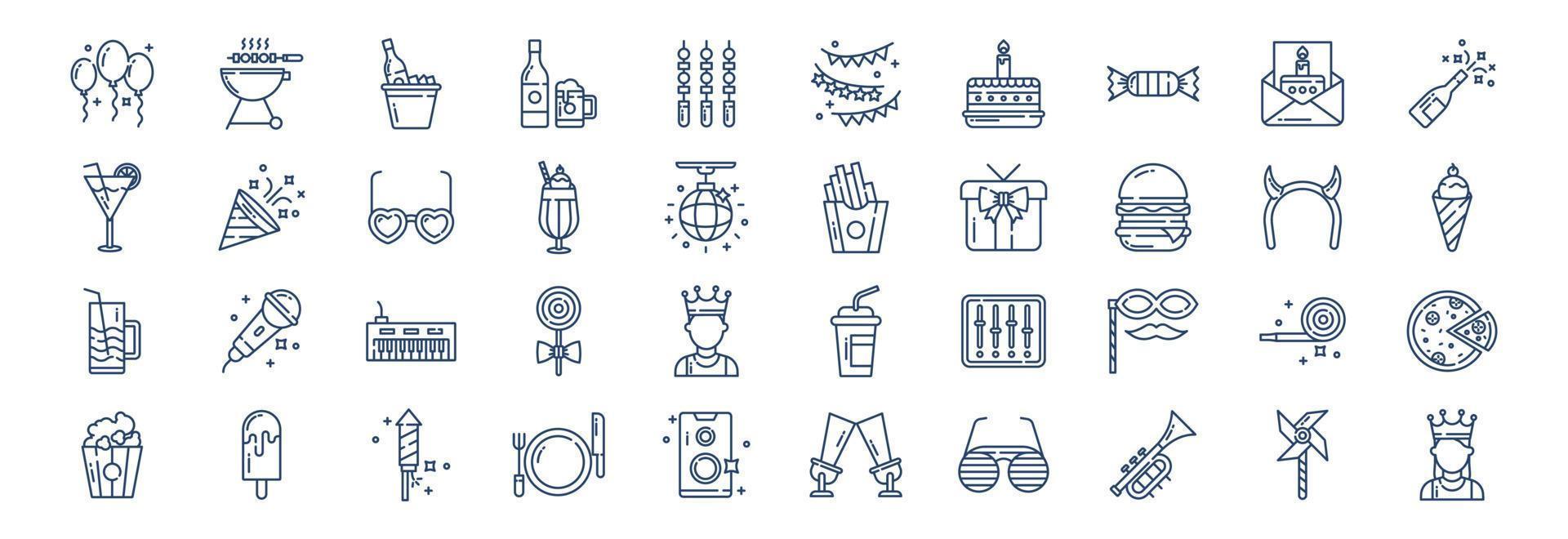 Collection of icons related to Party and New year, including icons like Balloons, Barbecue, Beer box, Bunting and more. vector illustrations, Pixel Perfect set