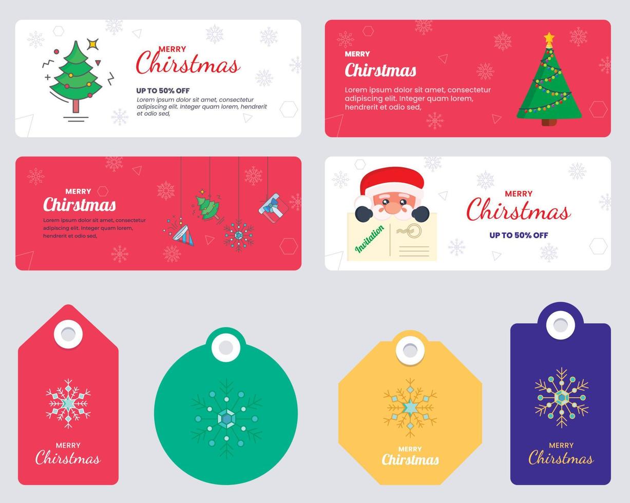 Vector Merry Christmas card set background with tag banner design. flat style vector poster illustration