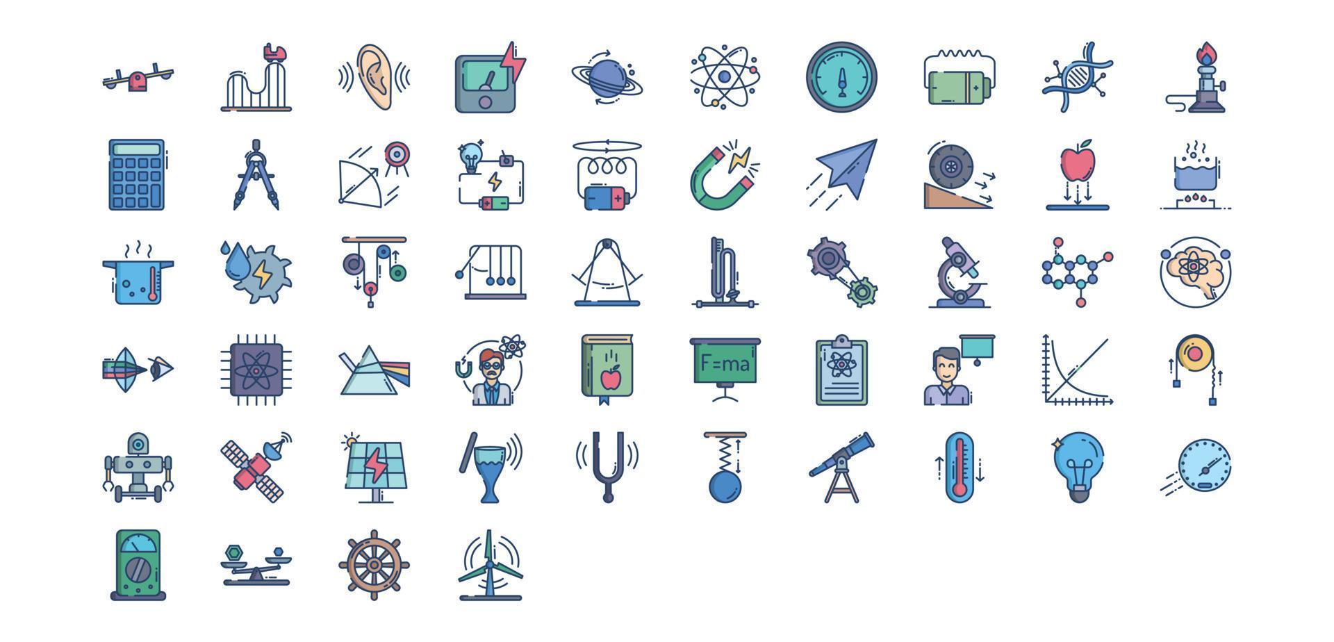 Collection of icons related to Physics and science, including icons like atom, Ammeter, Burner, Gravity and more. vector illustrations, Pixel Perfect set