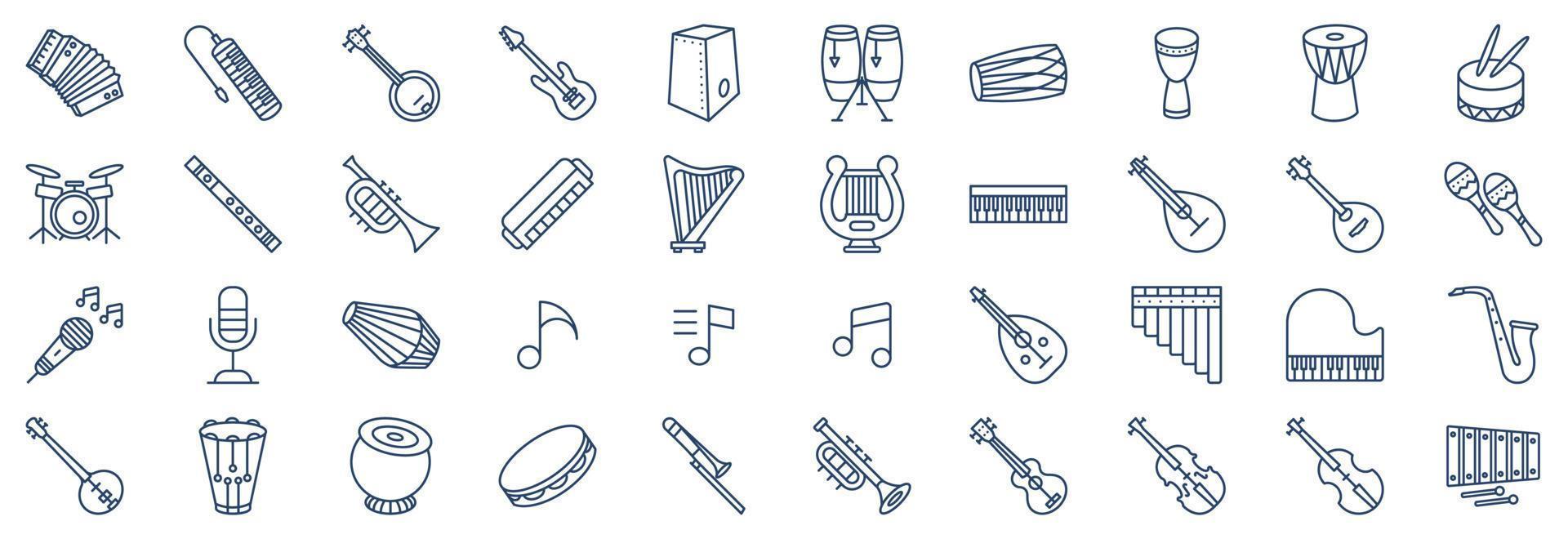 colección de íconos relacionados con instrumentos musicales, incluidos íconos como acordeón, banjo, bajo, conga y más. ilustraciones vectoriales, conjunto perfecto de píxeles vector