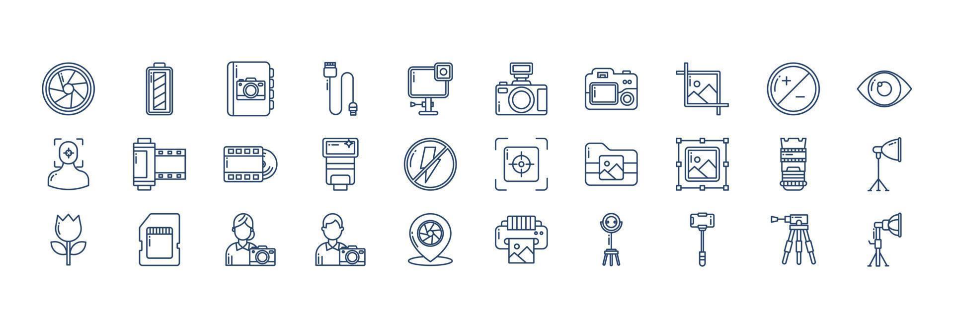 Collection of icons related to Photography, including icons like Camera, Film, Photographer, Cropping and more. vector illustrations, Pixel Perfect set