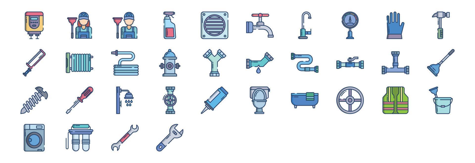 Collection of icons related to Plumber, including icons like Boiler, Cleaner, Faucet, Drainage and more. vector illustrations, Pixel Perfect set