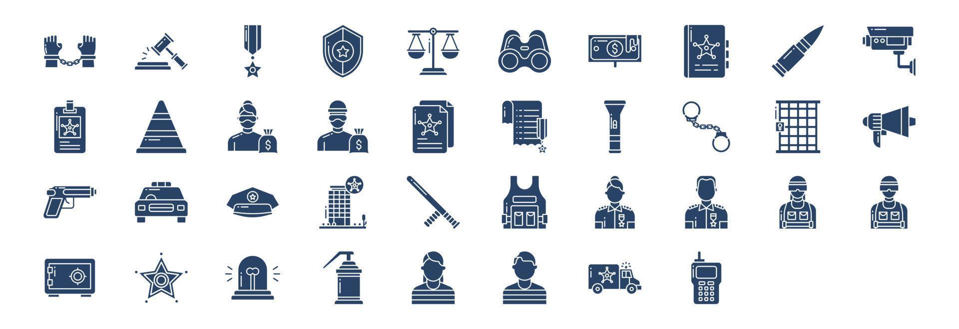 Collection of icons related to Police and Law, including icons like Arrest, Auction, Bullet, Binoculars and more. vector illustrations, Pixel Perfect set