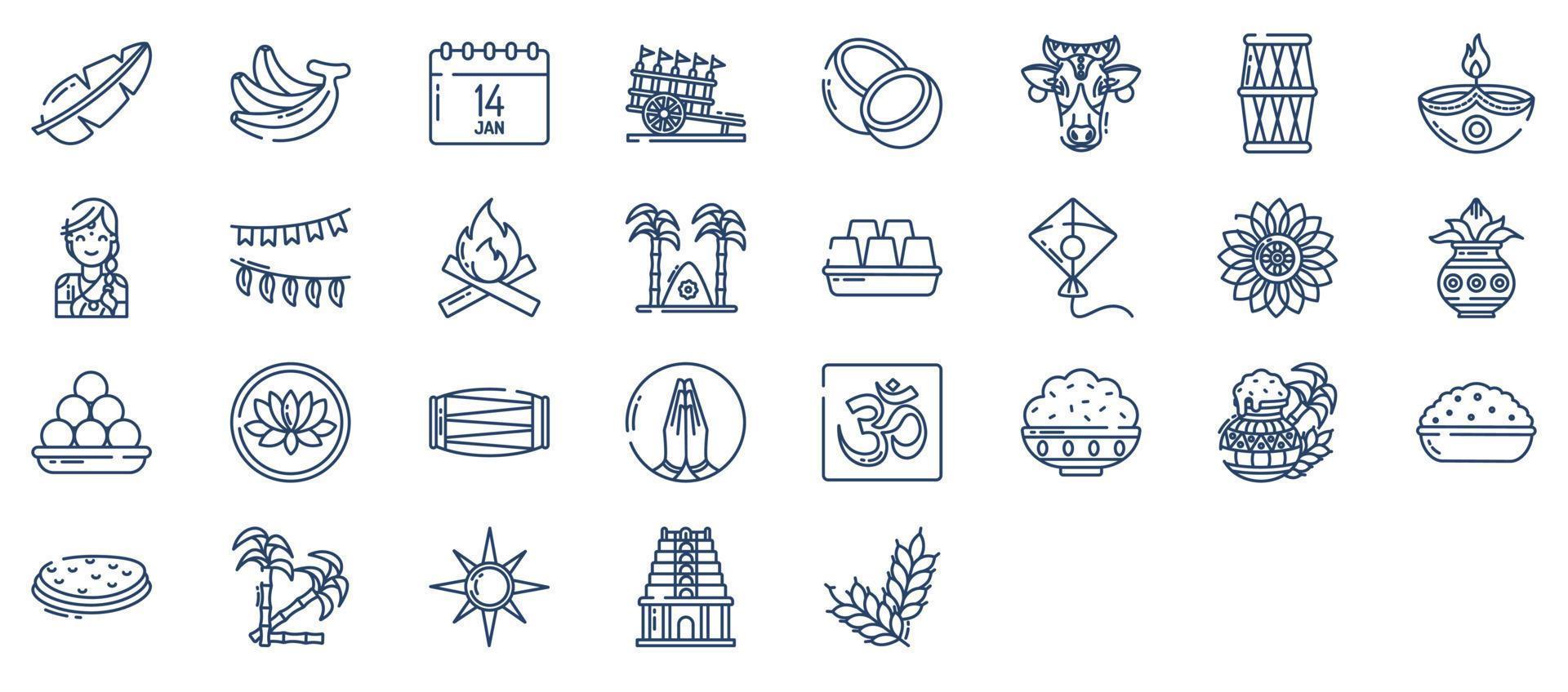 colección de íconos relacionados con pongal, incluidos íconos como vaca, diya, cometa y más. ilustraciones vectoriales, conjunto perfecto de píxeles vector