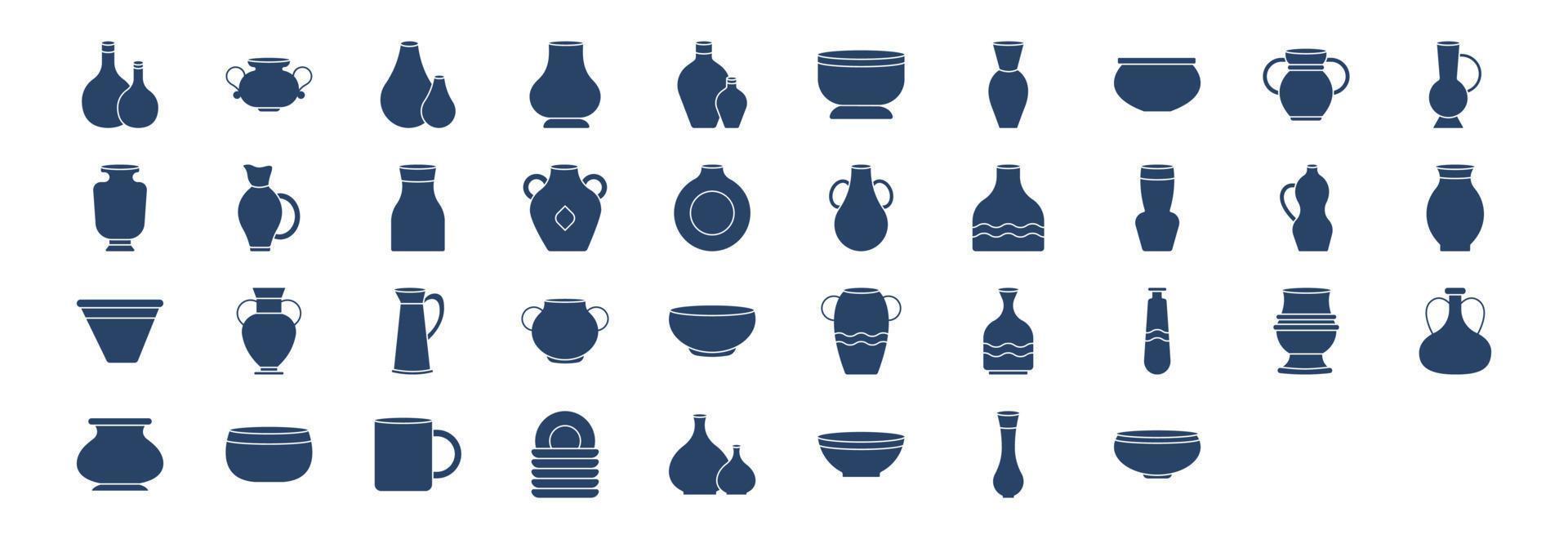 Collection of icons related to Pots, including icons like Mug, Jug and more. vector illustrations, Pixel Perfect set