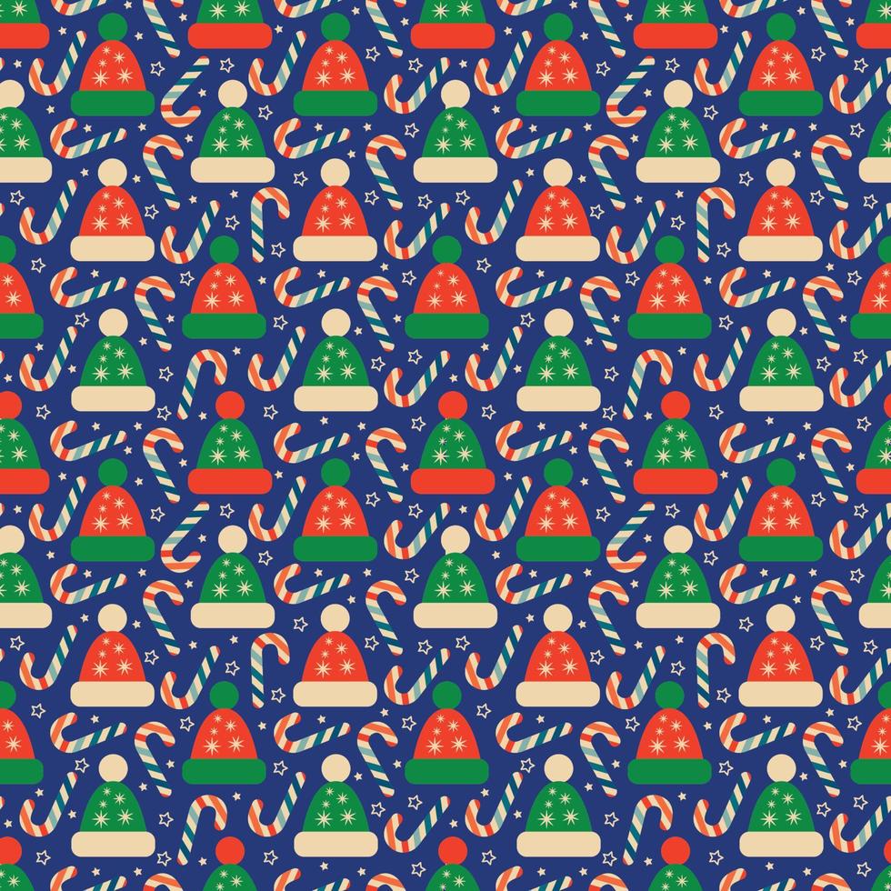 Seamless Christmas pattern with winter Hats and candy canes vector