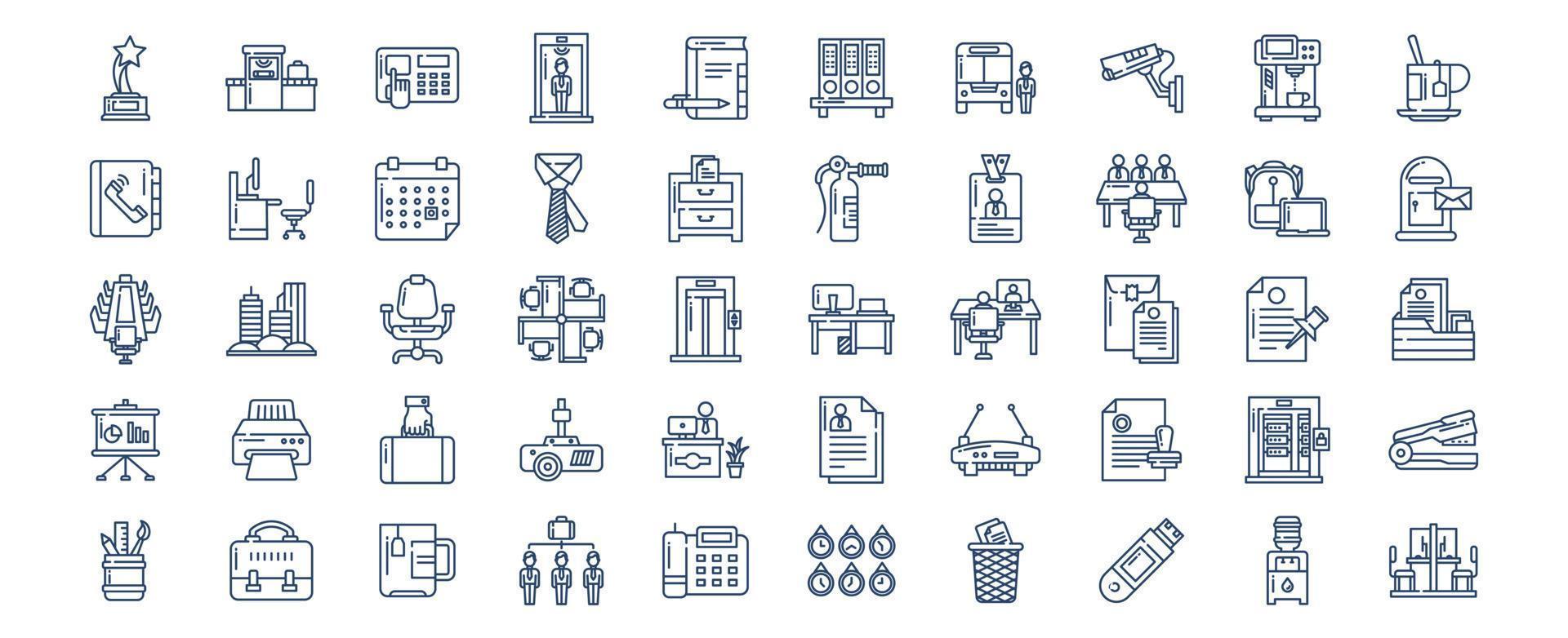 Collection of icons related to Office, including icons like Tea, Team, Telephone, Time, and more. vector illustrations, Pixel Perfect set