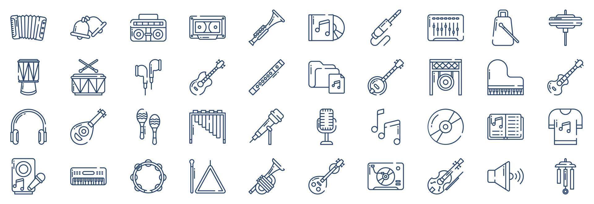 Collection of icons related to Music instrument, including icons like Accordion, Bell, Boombox, and more. vector illustrations, Pixel Perfect set