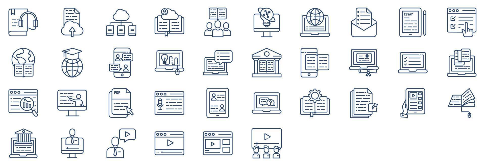 Collection of icons related to Online Education, including icons like Audio Book, Cloud Library, Examination, Graduation and more. vector illustrations, Pixel Perfect set