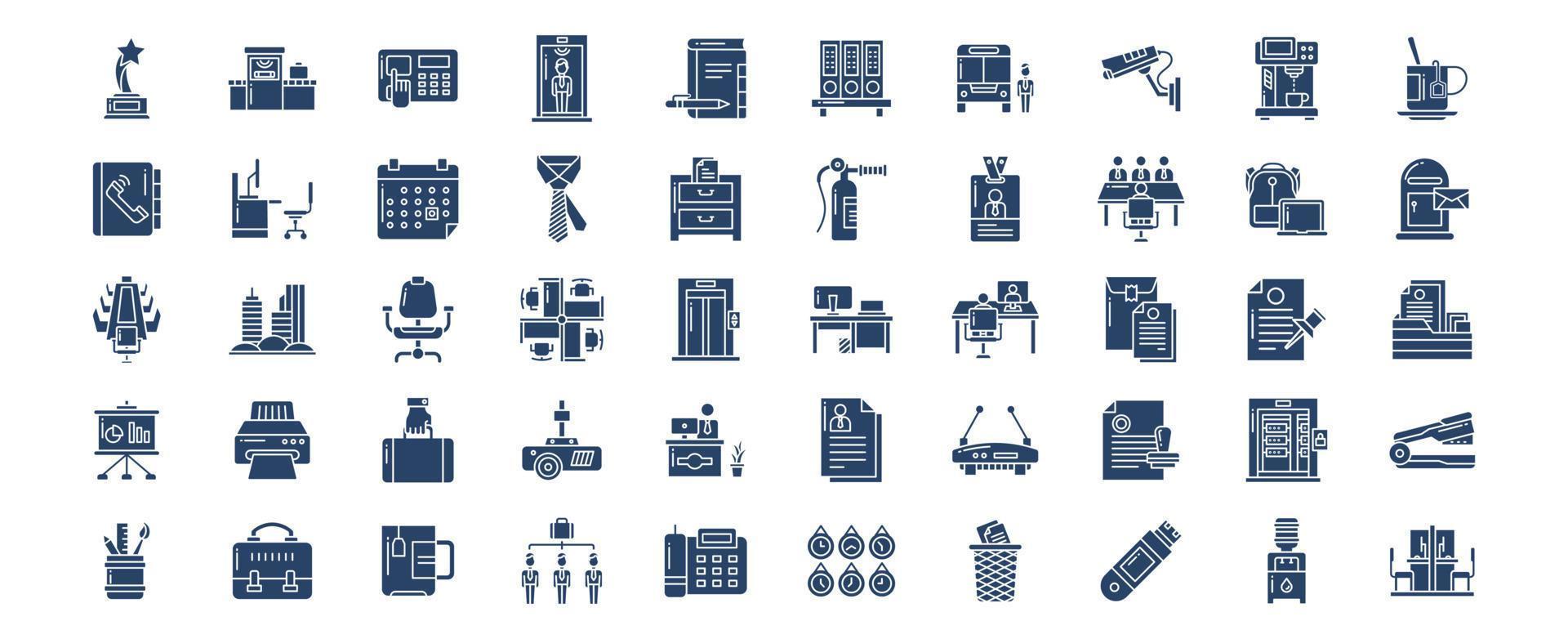 Collection of icons related to Office, including icons like Tea, Team, Telephone, Time, and more. vector illustrations, Pixel Perfect set