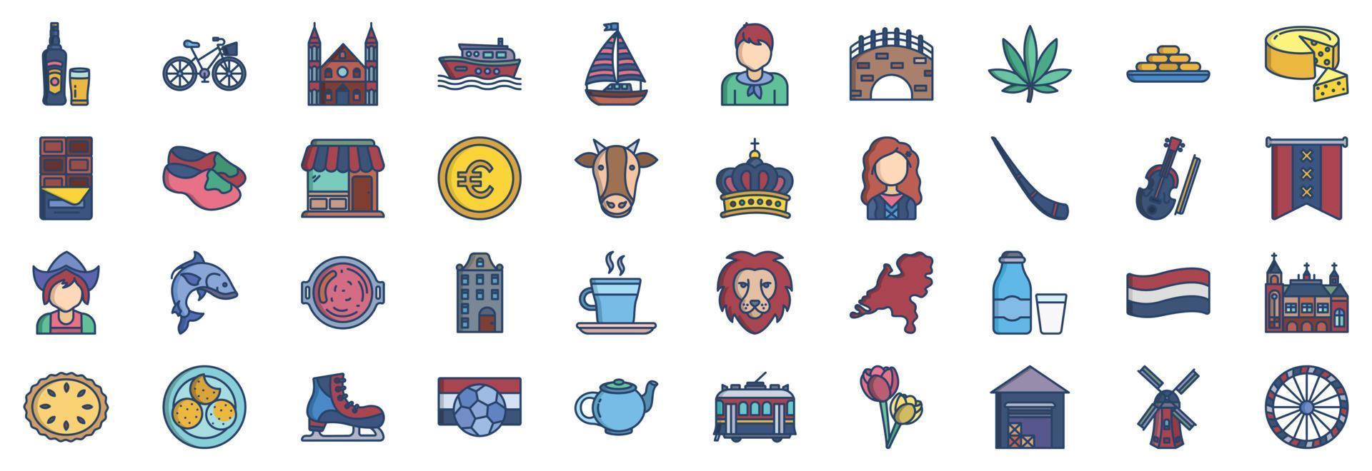 Collection of icons related to Netherland, including icons like Beer, Bicycle, Canal, Boat and more. vector illustrations, Pixel Perfect set