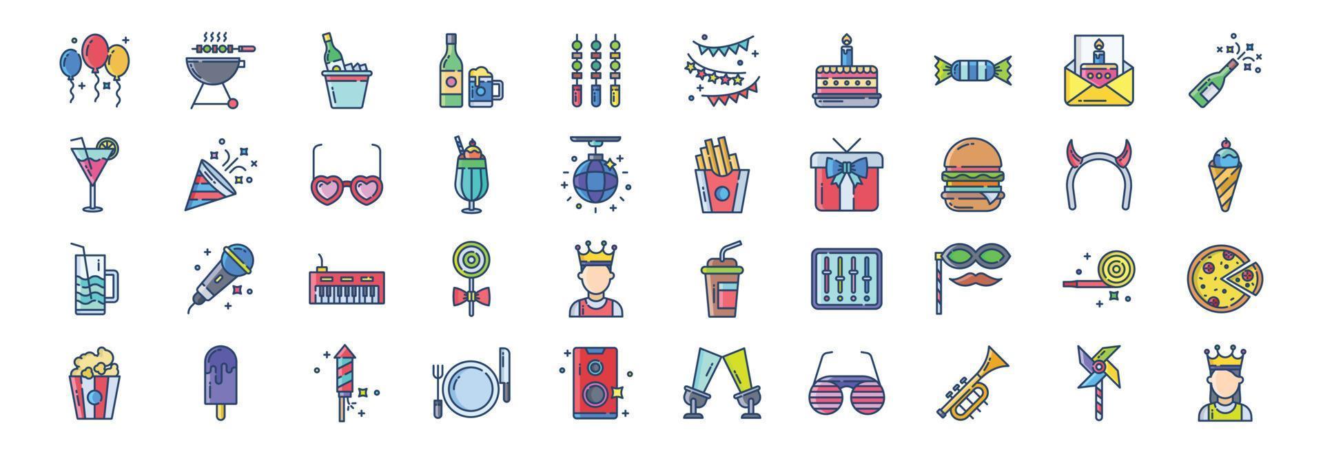 Collection of icons related to Party and New year, including icons like Balloons, Barbecue, Beer box, Bunting and more. vector illustrations, Pixel Perfect set