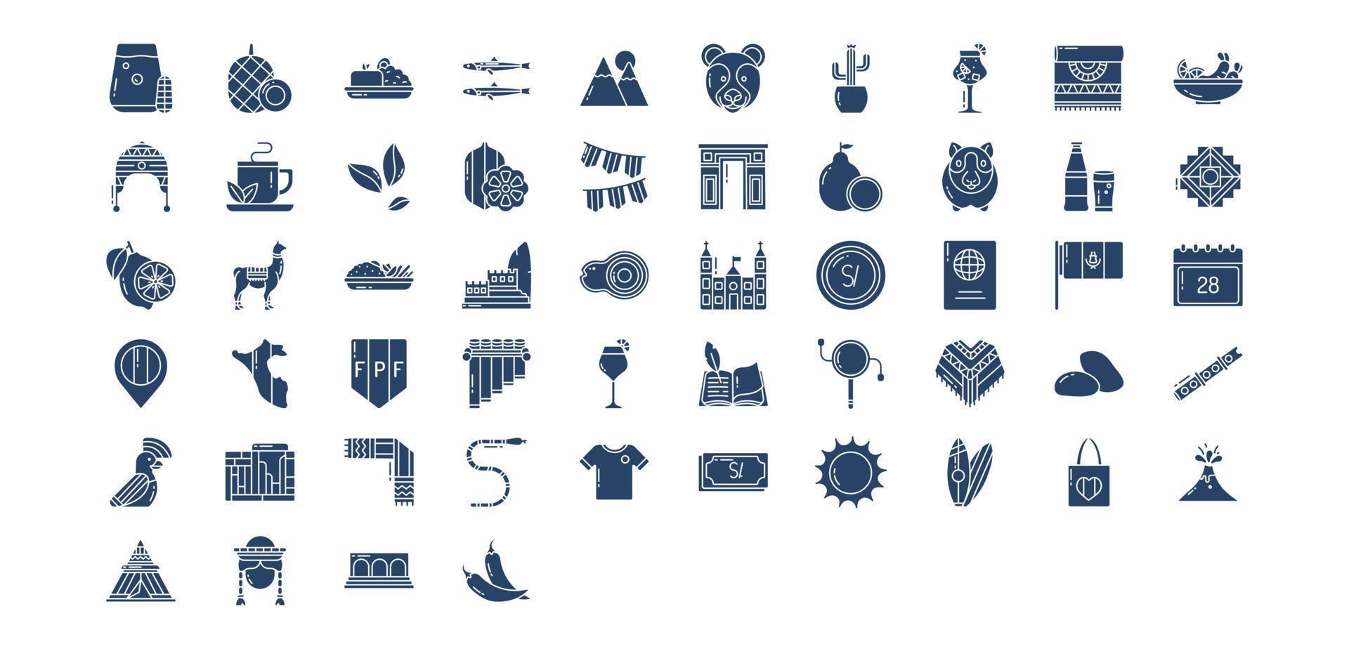 Collection of icons related to Peru, including icons like Anchovy, Bear, Cactus, Cocoa, Guinea Pig and more. vector illustrations, Pixel Perfect set