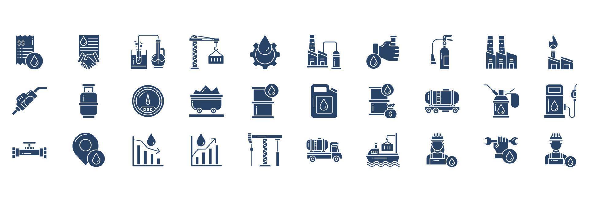 Collection of icons related to Oil Industry, including icons like Bill, Business, Crane, Experiment and more. vector illustrations, Pixel Perfect set