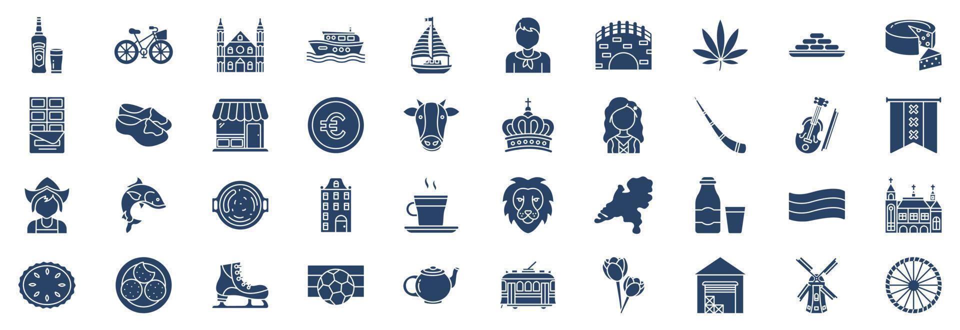 Collection of icons related to Netherland, including icons like Beer, Bicycle, Canal, Boat and more. vector illustrations, Pixel Perfect set