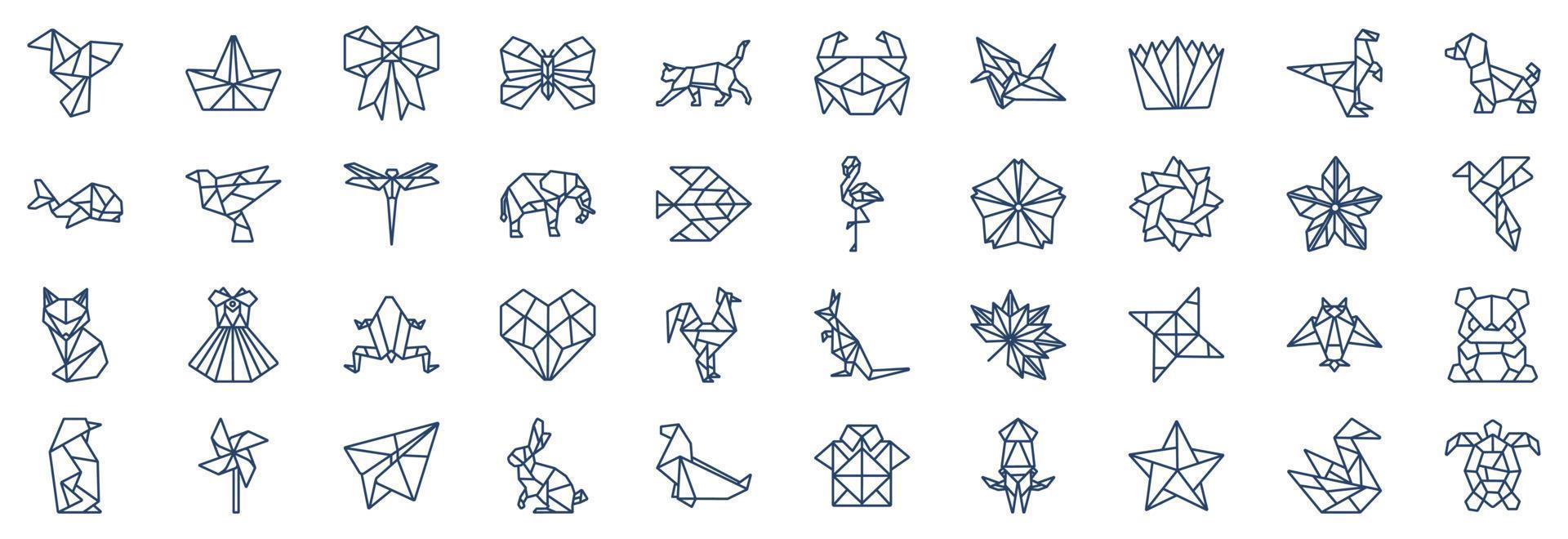 Collection of icons related to Origami, including icons like Bird, Boat, Butterfly, Cat and more. vector illustrations, Pixel Perfect set