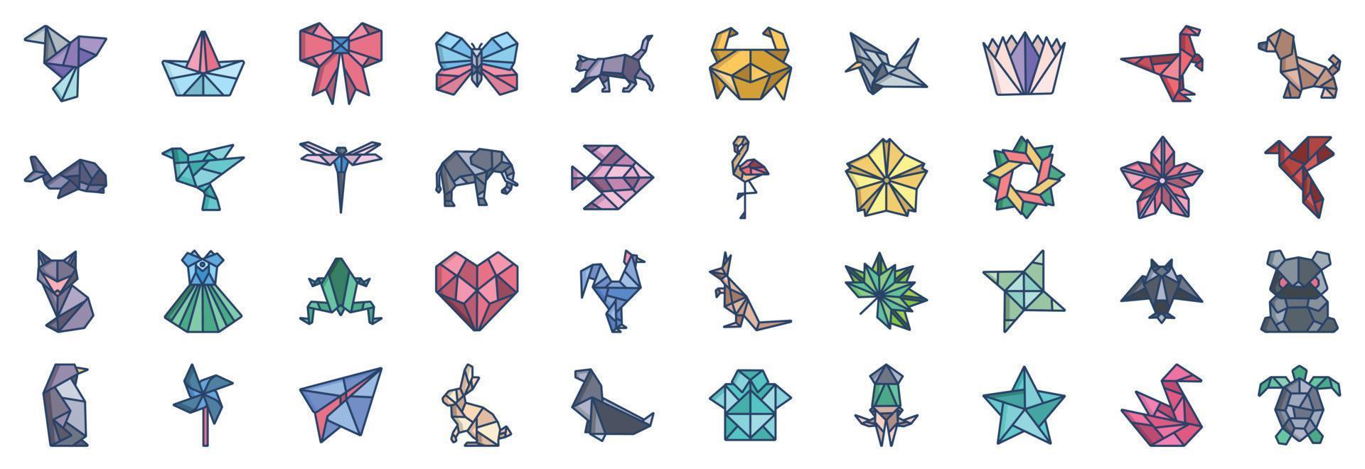 Collection of icons related to Origami, including icons like Bird, Boat, Butterfly, Cat and more. vector illustrations, Pixel Perfect set