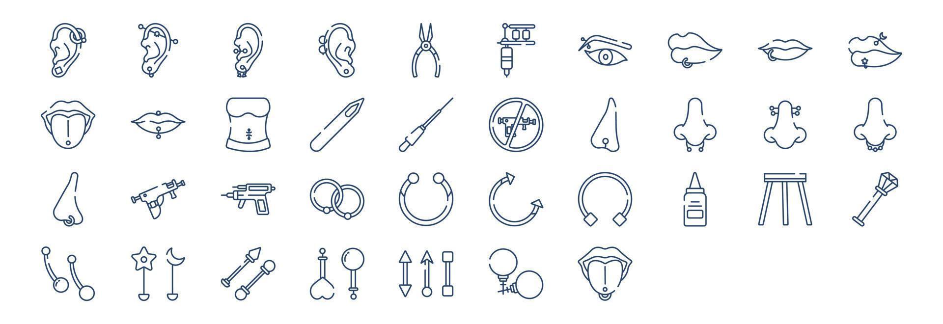 Collection of icons related to Piercing, including icons like Ear piercing, Nose, Ring and more. vector illustrations, Pixel Perfect set