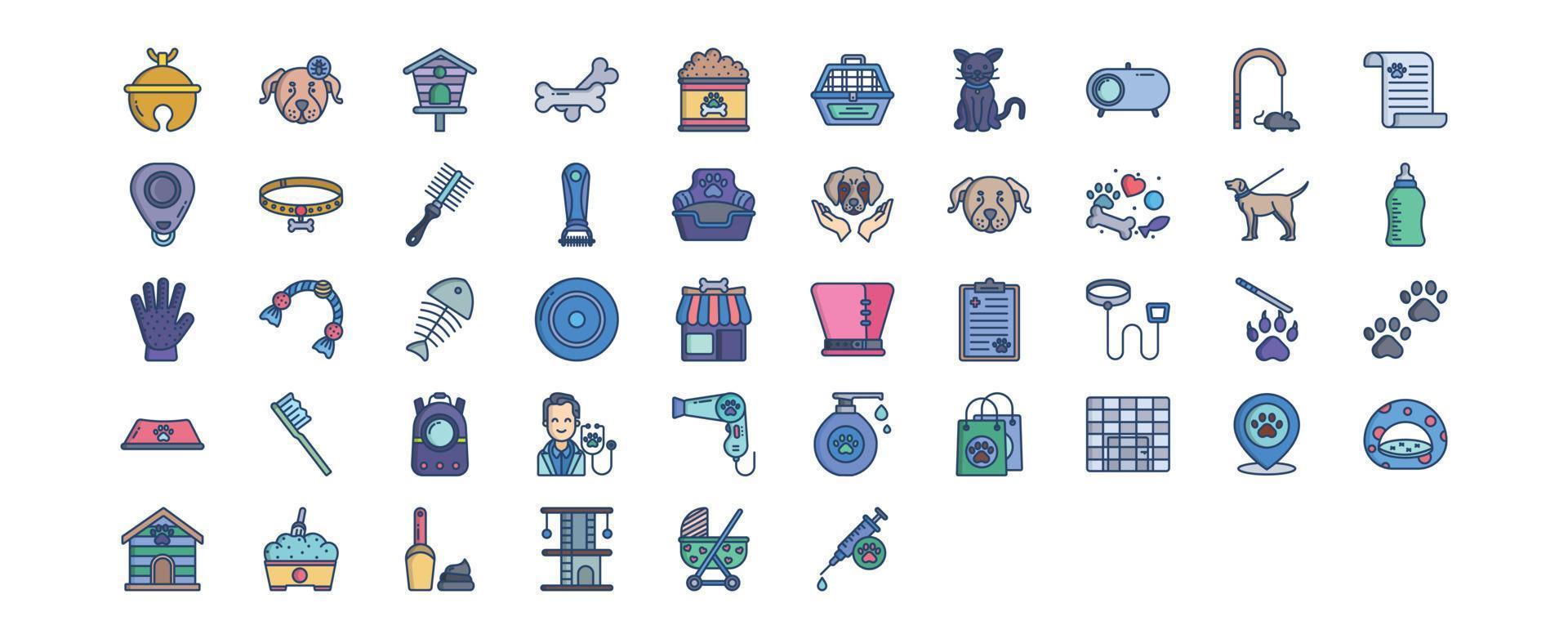 Collection of icons related to Pet care, including icons like Accessories bell, Bird House, Bone, Cat and more. vector illustrations, Pixel Perfect set