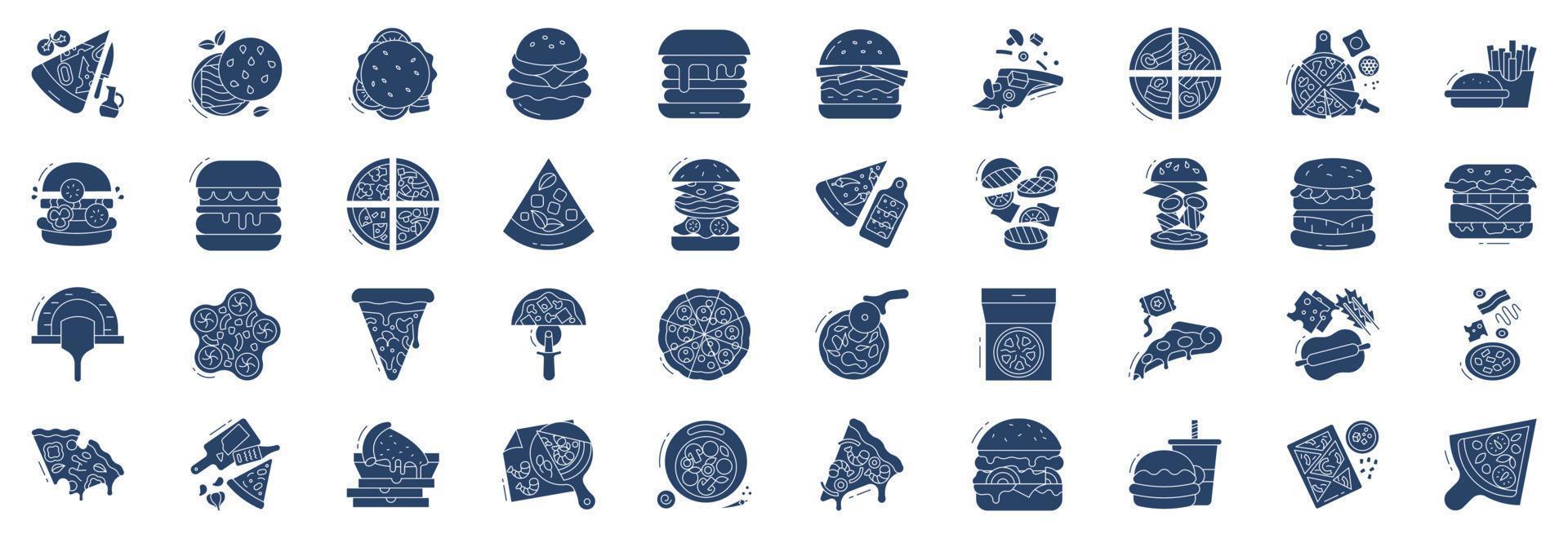 colección de íconos relacionados con pizza y hamburguesas, incluidos íconos como pizza, papas fritas, hamburguesas, monos y más. ilustraciones vectoriales, conjunto perfecto de píxeles vector