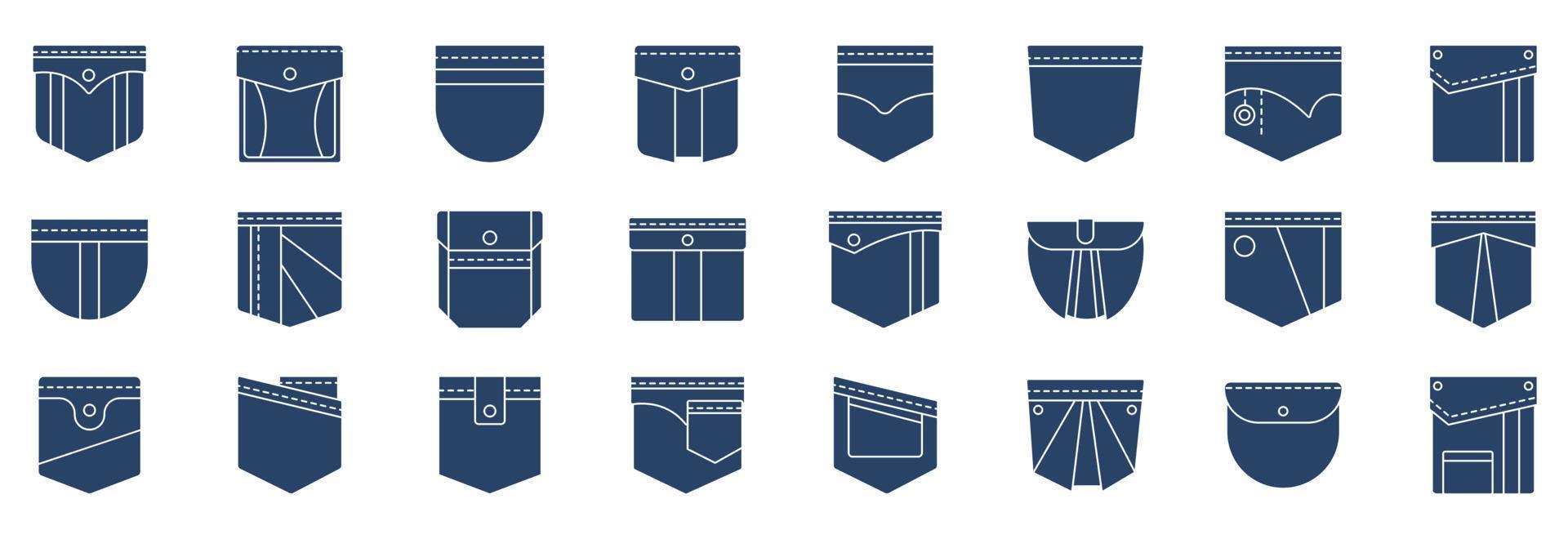 Collection of icons related to Pockets, including icons like Cloth, design, jeans and more. vector illustrations, Pixel Perfect set