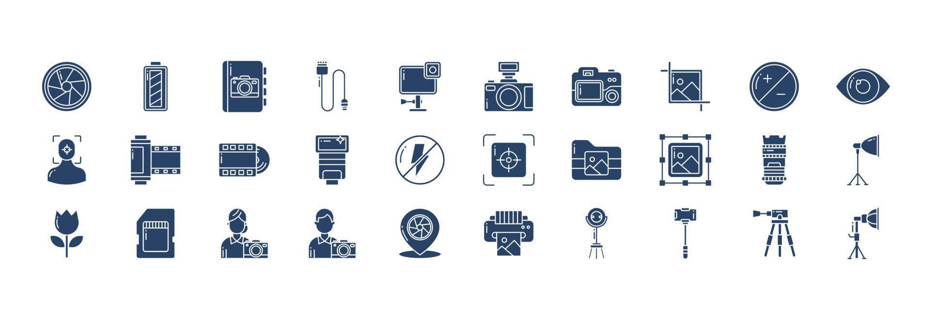 Collection of icons related to Photography, including icons like Camera, Film, Photographer, Cropping and more. vector illustrations, Pixel Perfect set