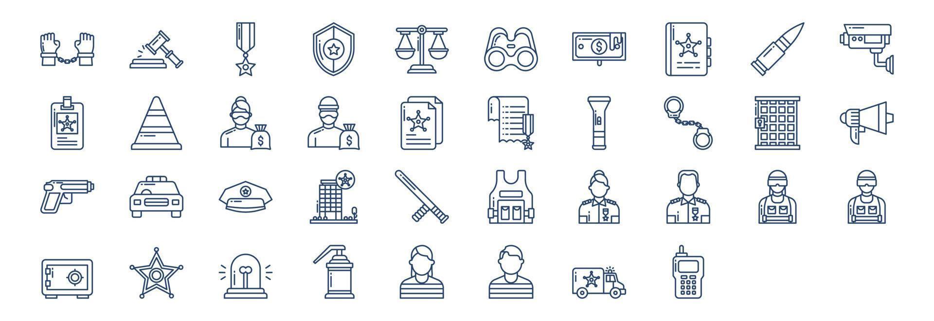 Collection of icons related to Police and Law, including icons like Arrest, Auction, Bullet, Binoculars and more. vector illustrations, Pixel Perfect set