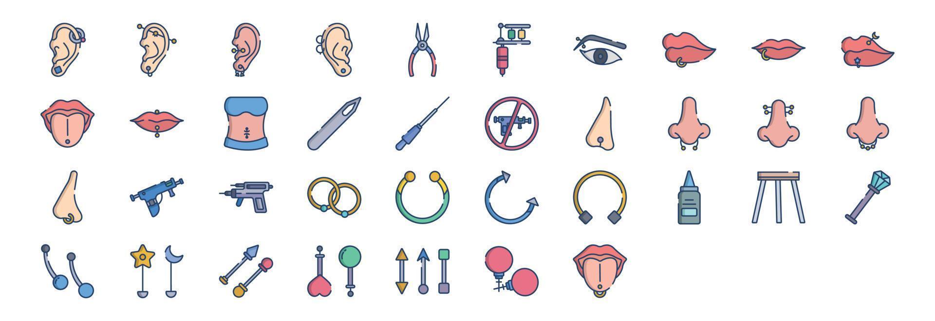 Collection of icons related to Piercing, including icons like Ear piercing, Nose, Ring and more. vector illustrations, Pixel Perfect set
