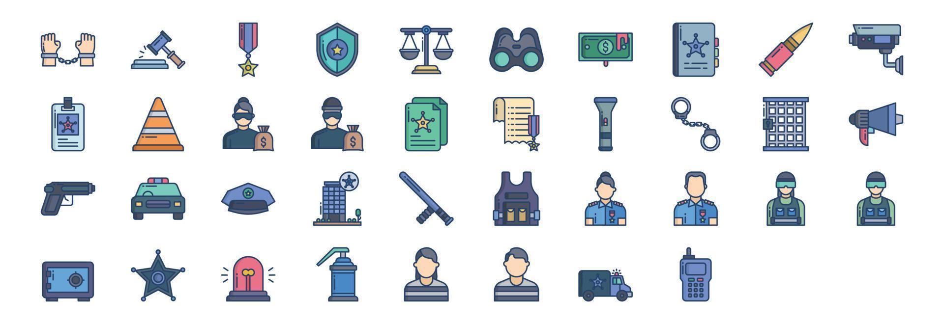 Collection of icons related to Police and Law, including icons like Arrest, Auction, Bullet, Binoculars and more. vector illustrations, Pixel Perfect set