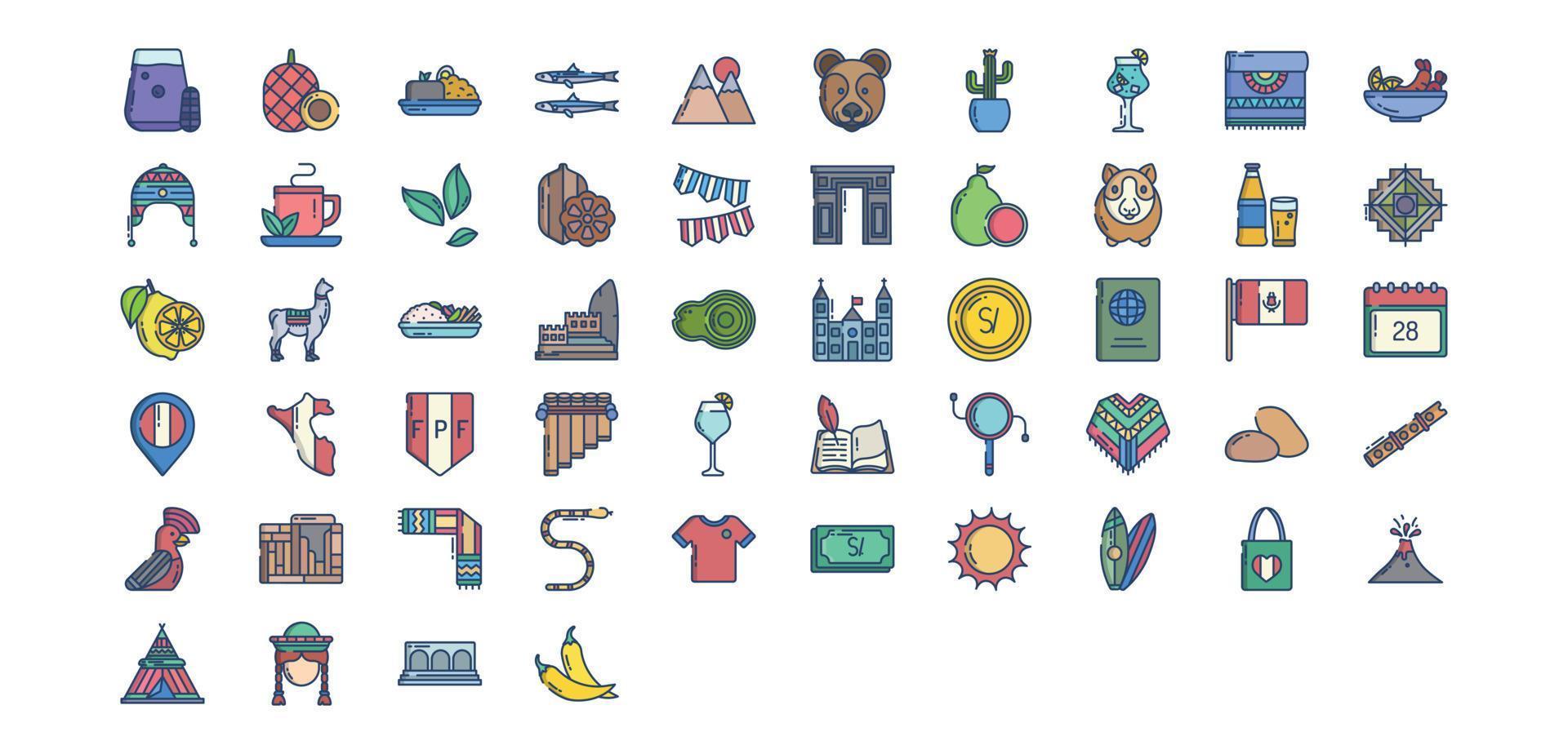 Collection of icons related to Peru, including icons like Anchovy, Bear, Cactus, Cocoa, Guinea Pig and more. vector illustrations, Pixel Perfect set