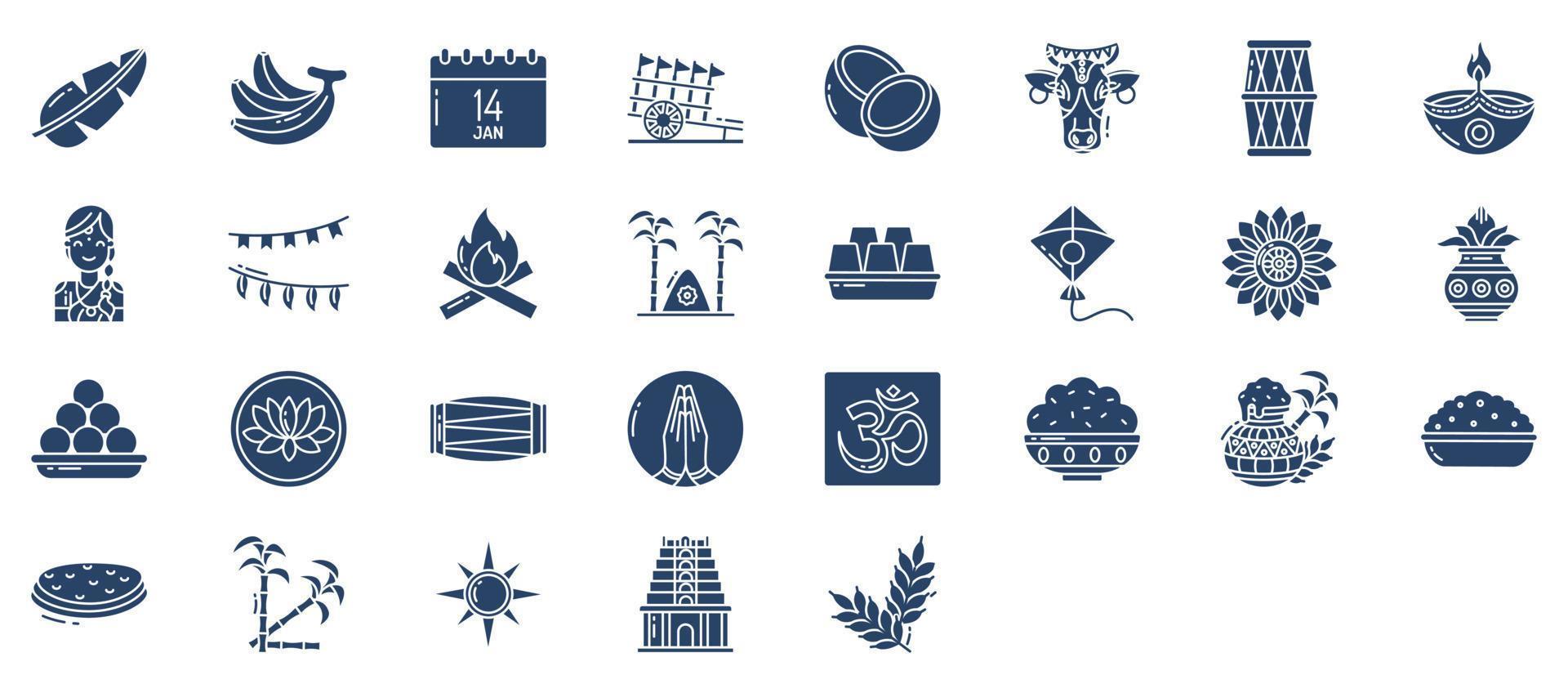 Collection of icons related to Pongal, including icons like Cow, Diya, Kite and more. vector illustrations, Pixel Perfect set