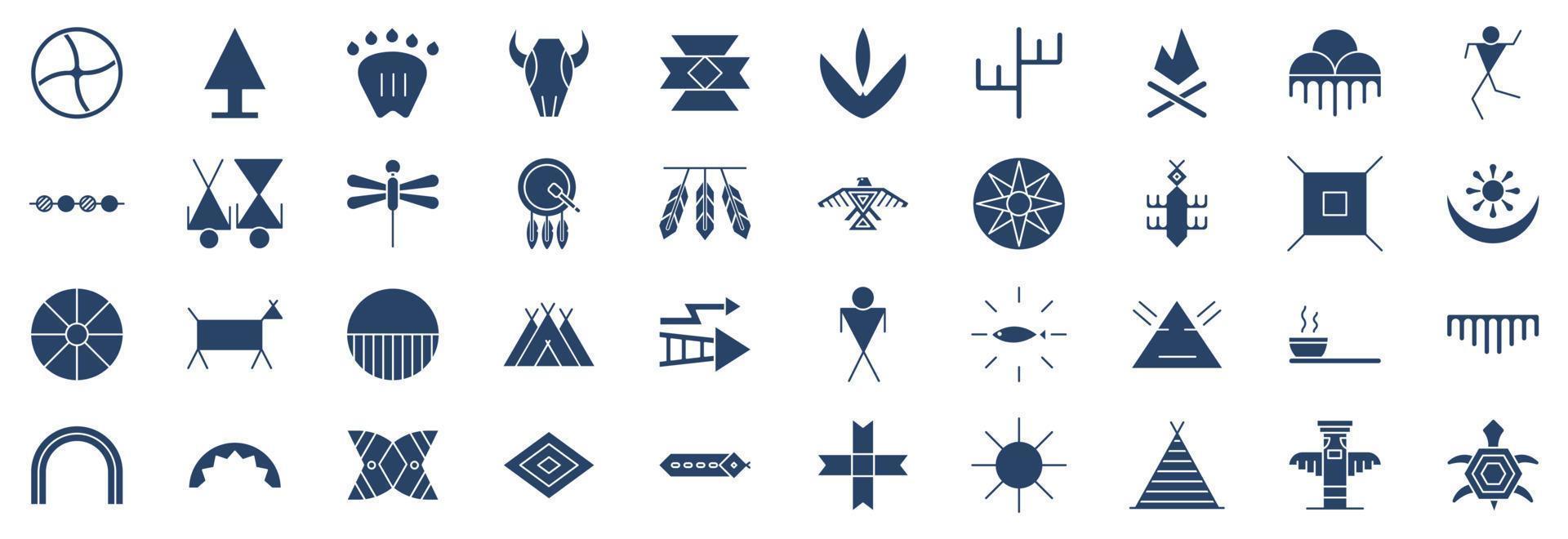 Collection of icons related to Native American Symbols, including icons like Arrow head, Buffalo Skull, Cactus and more. vector illustrations, Pixel Perfect set