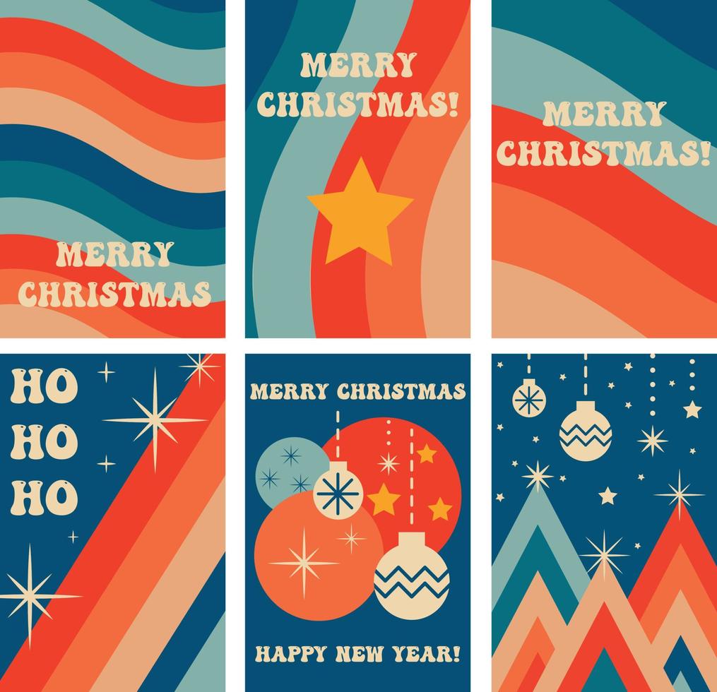 Set of Retro groovy Christmas greeting cards vector