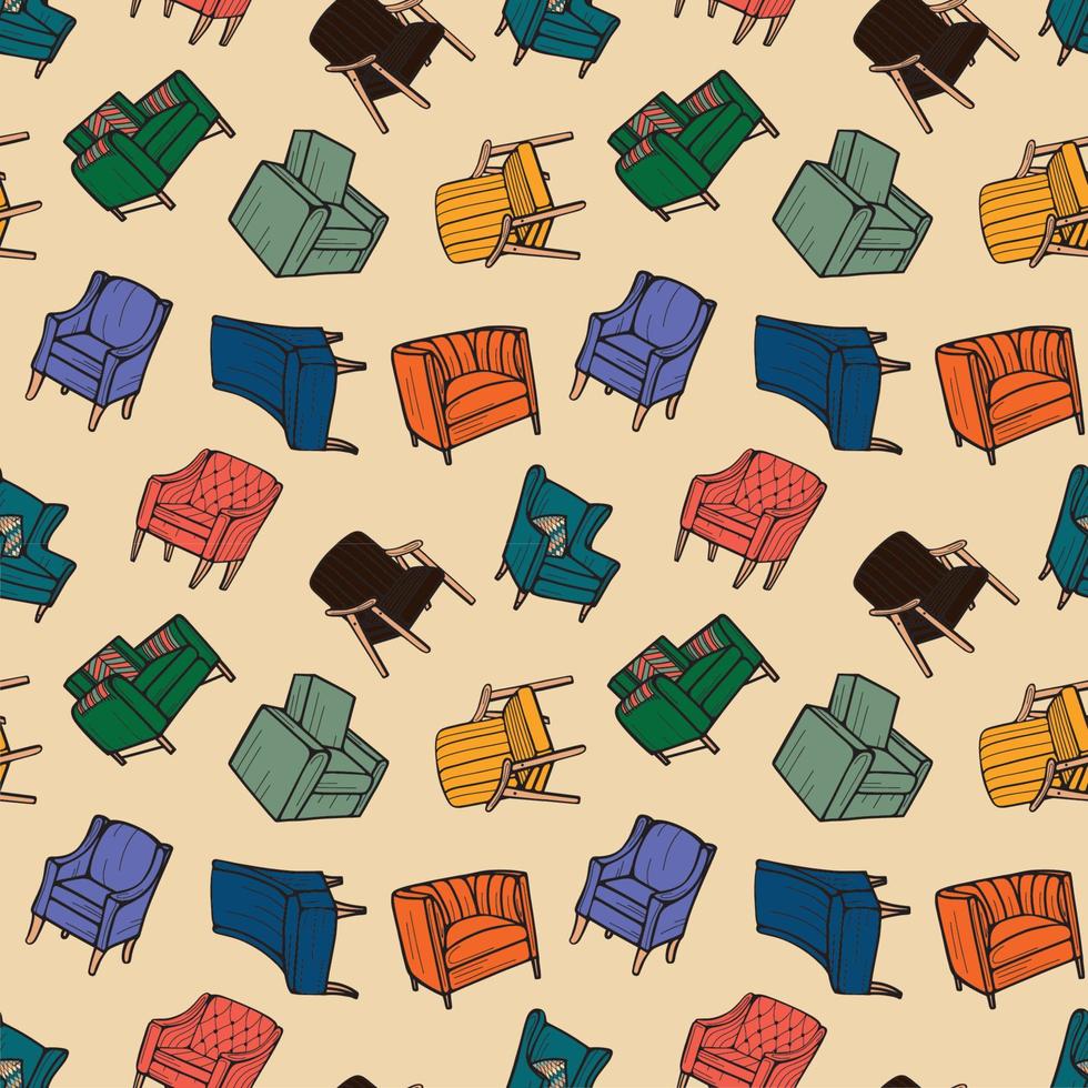 Armchairs and chairs in vintage style seamless pattern. Hand-drawn vector illustration